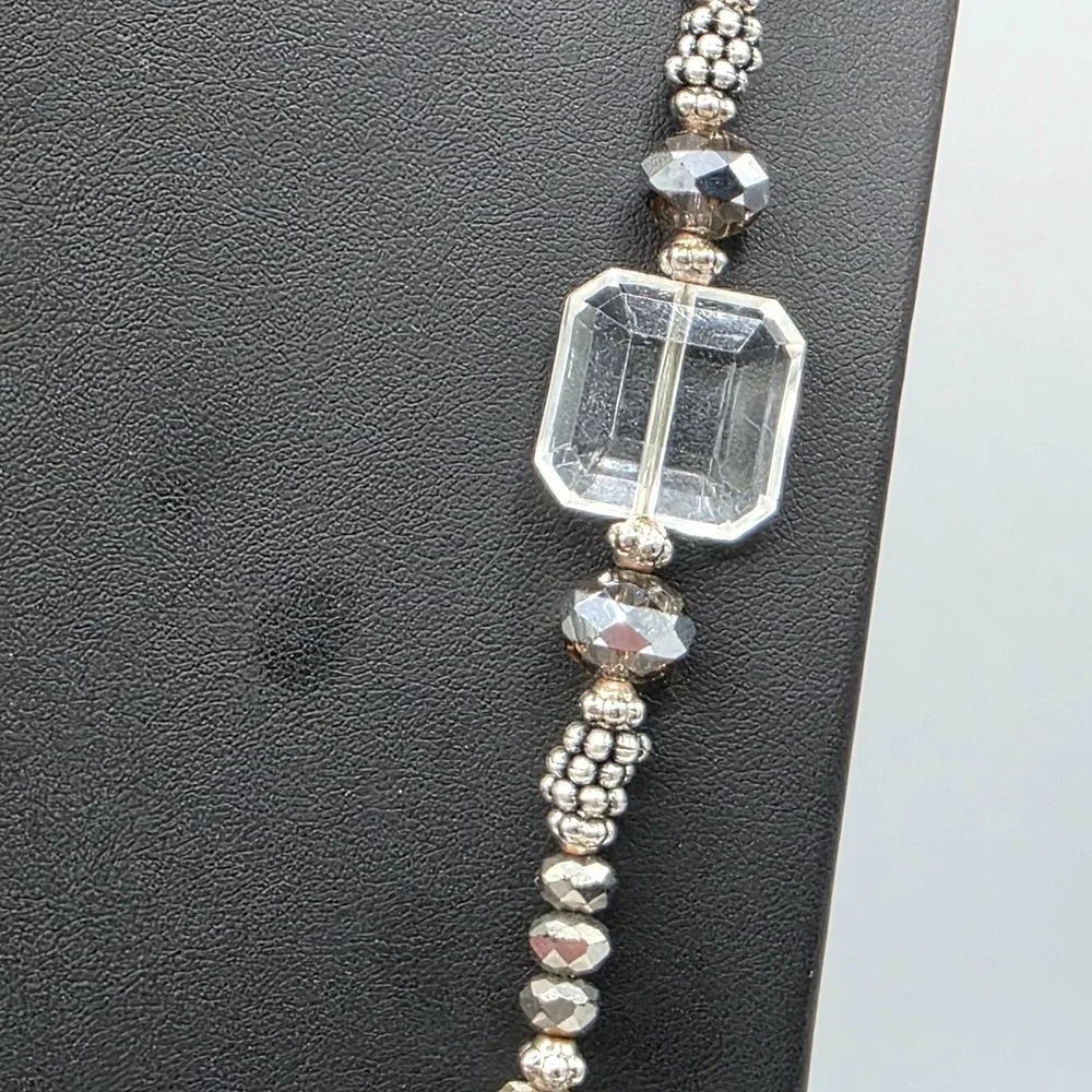 Chico's Beaded Statement Necklace Crystal Faceted‎ Gem Silver Tone Long Boho